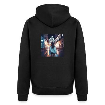 Frau zu Fuß durch Cartagena - Unisex Premium Bio Zip Hoodie - Schwarz - Hinten - Nico (187cm)
