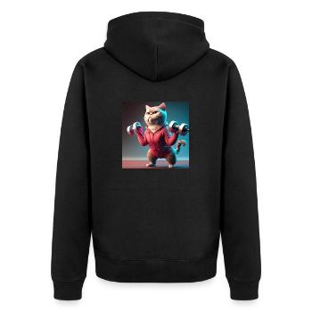 cute funny cat illustration lifting weight workout - Unisex Premium Organic Zip Hoodie - black - Back - Nico (187cm)