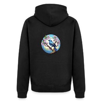 Blauer Vogel auf einem Kirschblütenzweig - Unisex Premium Bio Zip Hoodie - Schwarz - Hinten - Nico (187cm)