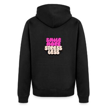 smile more, stress less - Unisex Premium Organic Zip Hoodie - black - Back - Nico (187cm)