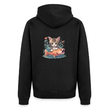 Baby Katze mit Fisch - Unisex Premium Bio Zip Hoodie - Schwarz - Hinten - Nico (187cm)