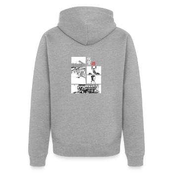 omedeto für dunkel - Unisex Premium Bio Zip Hoodie - Grau meliert - Hinten - Nico (187cm)