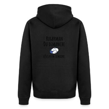 Verträumter Sonntags-Rugbyspieler unter der Woche - Unisex Premium Bio Zip Hoodie - Schwarz - Hinten - Nico (187cm)
