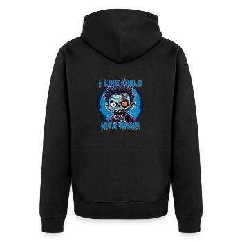 Zombie - I LIKE GIRLS WITH BRAIN - Unisex Premium Bio Zip Hoodie - Schwarz - Hinten - Nico (187cm)