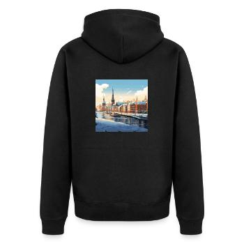 Verschneite Stadt Schnee Winter Wasser Hafen - Unisex Premium Bio Zip Hoodie - Schwarz - Hinten - Nico (187cm)