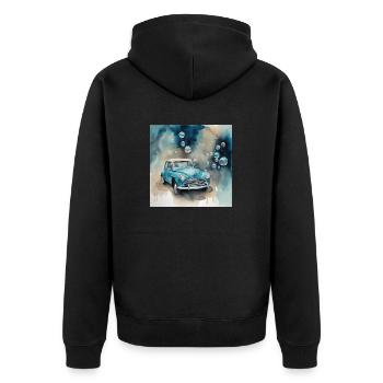 hellblaues Auto mit Seifenblasen im Hintergrund - Unisex Premium Bio Zip Hoodie - Schwarz - Hinten - Nico (187cm)