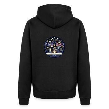 Mystische Nachtstadt im Kosmos - Unisex Premium Bio Zip Hoodie - Schwarz - Hinten - Nico (187cm)