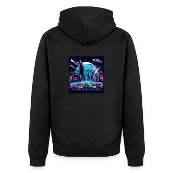 Synthwave Stadt mit UFOs - Unisex Premium Bio Zip Hoodie - Schwarz - Hinten - Nico (187cm)