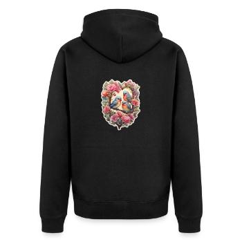 Zwei Turteltauben sitzen auf einem herzförmigen As - Unisex Premium Bio Zip Hoodie - Schwarz - Hinten - Nico (187cm)