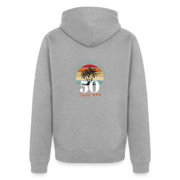 50-jähriges Jubiläum Original Retro in limitierter Auflage - Unisex Premium Bio Zip Hoodie - Grau meliert - Hinten - Nico (187cm)