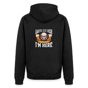 Darts und Bier Darum bin ich hier - Unisex Premium Bio Zip Hoodie - Schwarz - Hinten - Nico (187cm)
