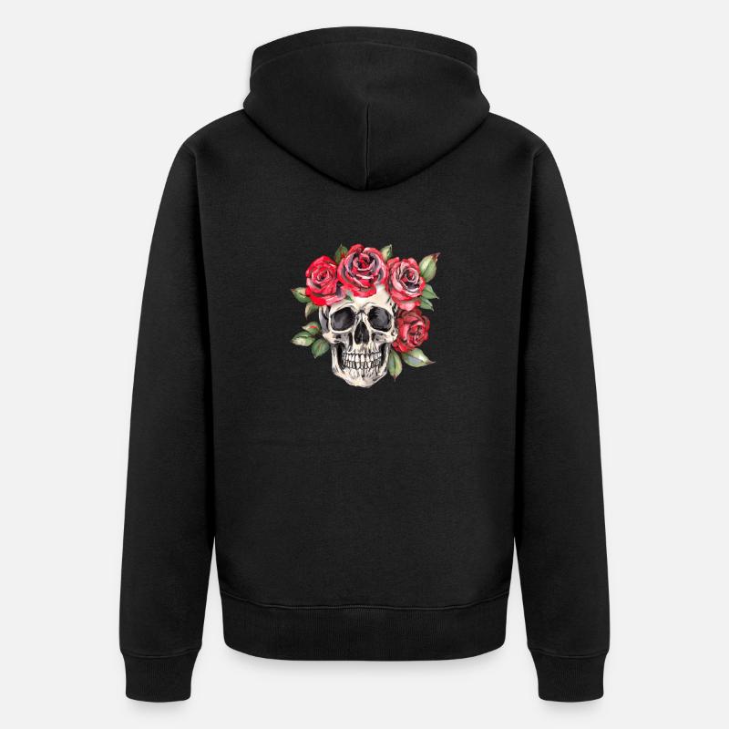Crâne avec des roses rouges - Veste à capuche bio Premium Unisexe - noir