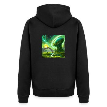 Jenseits der Grenzen - Unisex Premium Bio Zip Hoodie - Schwarz - Hinten - Nico (187cm)