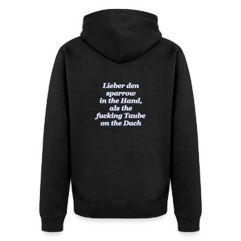 Sparrow in the hand - Unisex Premium Bio Zip Hoodie - Schwarz - Hinten - Nico (187cm)