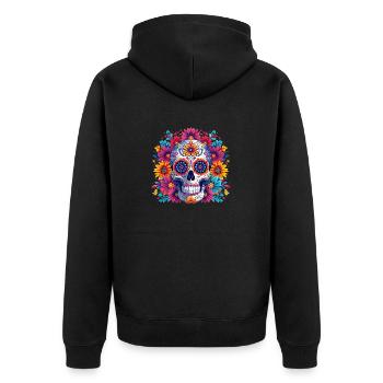 Farbenfroher mexikanischer Totenkopf - Unisex Premium Bio Zip Hoodie - Schwarz - Hinten - Nico (187cm)