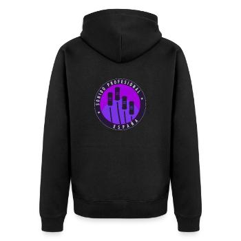 Logo mit violettem Hintergrund. - Unisex Premium Bio Zip Hoodie - Schwarz - Hinten - Nico (187cm)