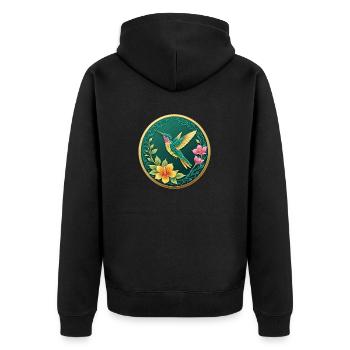Ausgefallener Münzkolibri auf Blumen - Unisex Premium Bio Zip Hoodie - Schwarz - Hinten - Nico (187cm)