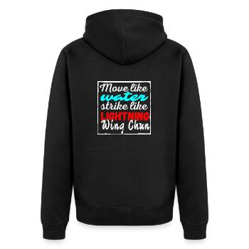 Wing Chun Shirt Wasserblitz - Unisex Premium Bio Zip Hoodie - Schwarz - Hinten - Nico (187cm)