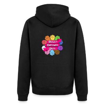 reflect empower unite - Unisex Premium Bio Zip Hoodie - Schwarz - Hinten - Nico (187cm)