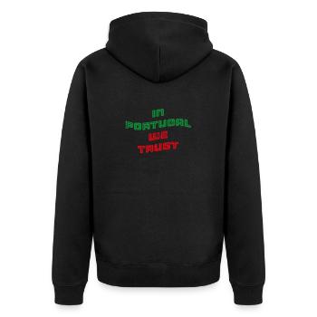 In Portugal we trust - Unisex Premium Bio Zip Hoodie - Schwarz - Hinten - Nico (187cm)