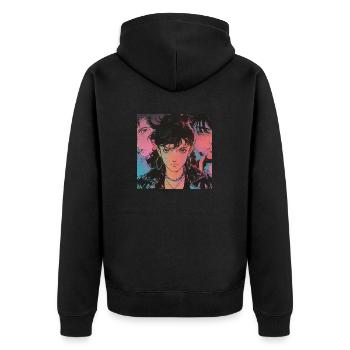 80er Jahre Anime Gang beruhigender hochwertiger Modedruck - Unisex Premium Bio Zip Hoodie - Schwarz - Hinten - Nico (187cm)