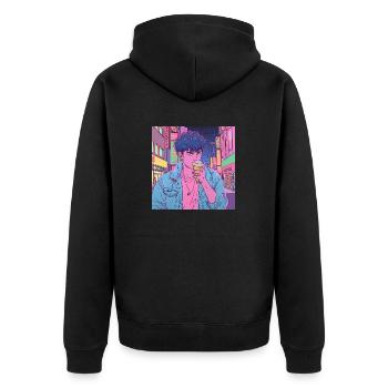 80er Jahre Anime Typ beruhigender hochwertiger Modedruck - Unisex Premium Bio Zip Hoodie - Schwarz - Hinten - Nico (187cm)