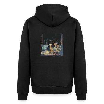 80er Jahre Anime Typ beruhigender hochwertiger Modedruck - Unisex Premium Bio Zip Hoodie - Schwarz - Hinten - Nico (187cm)