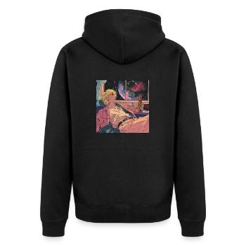 80er Jahre Anime Typ beruhigender hochwertiger Modedruck - Unisex Premium Bio Zip Hoodie - Schwarz - Hinten - Nico (187cm)