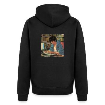 80er Jahre Anime Typ beruhigender hochwertiger Modedruck - Unisex Premium Bio Zip Hoodie - Schwarz - Hinten - Nico (187cm)