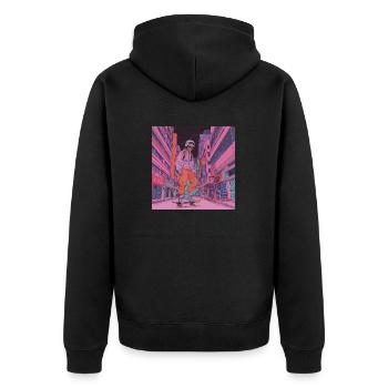 80er Jahre Anime Typ beruhigender hochwertiger Modedruck - Unisex Premium Bio Zip Hoodie - Schwarz - Hinten - Nico (187cm)