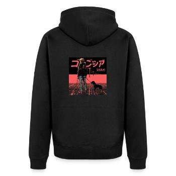 80er Jahre Anime Typ beruhigender hochwertiger Modedruck - Unisex Premium Bio Zip Hoodie - Schwarz - Hinten - Nico (187cm)
