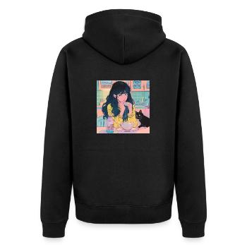 80s anime girl calming high quality fashion print - Unisex Premium Organic Zip Hoodie - black - Back - Nico (187cm)