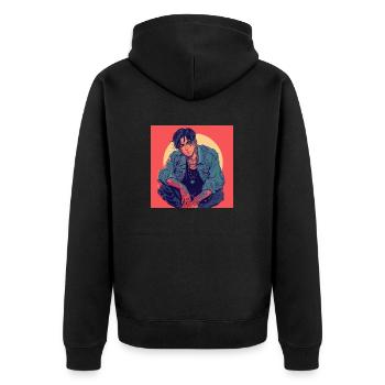 80er Jahre Anime Typ beruhigender hochwertiger Modedruck - Unisex Premium Bio Zip Hoodie - Schwarz - Hinten - Nico (187cm)