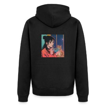 80er Jahre Anime Mädchen beruhigender hochwertiger Modedruck - Unisex Premium Bio Zip Hoodie - Schwarz - Hinten - Nico (187cm)