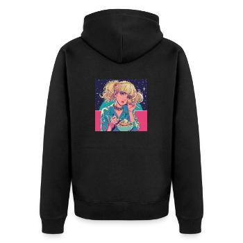 80er Jahre Anime Mädchen beruhigender hochwertiger Modedruck - Unisex Premium Bio Zip Hoodie - Schwarz - Hinten - Nico (187cm)