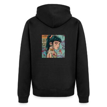 80er Jahre Anime Mädchen beruhigender hochwertiger Modedruck - Unisex Premium Bio Zip Hoodie - Schwarz - Hinten - Nico (187cm)