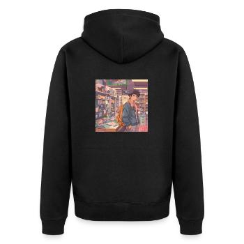 80er Jahre Anime Typ beruhigender hochwertiger Modedruck - Unisex Premium Bio Zip Hoodie - Schwarz - Hinten - Nico (187cm)