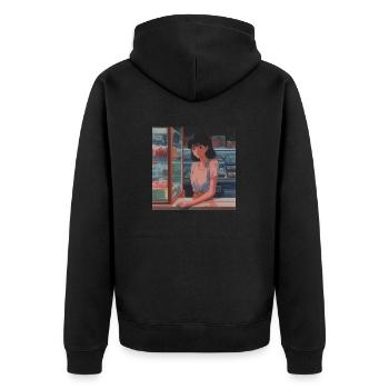 80er Jahre Anime Teen Beruhigender Hochwertiger Modedruck - Unisex Premium Bio Zip Hoodie - Schwarz - Hinten - Nico (187cm)