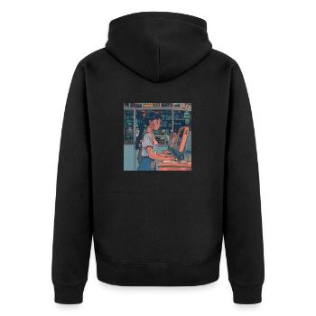 80er Jahre Anime Teen Beruhigender Hochwertiger Modedruck - Unisex Premium Bio Zip Hoodie - Schwarz - Hinten - Nico (187cm)