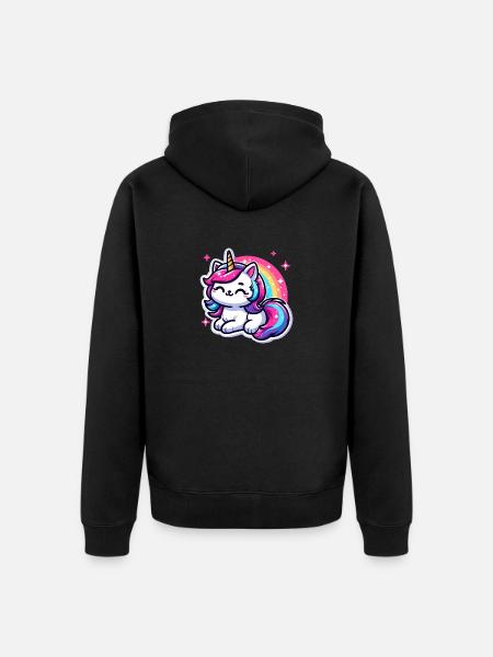 Regenbogen Einhorn Katze - Unisex Premium Bio Zip Hoodie - Schwarz