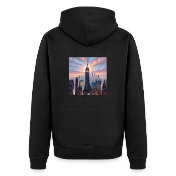 Städtische Mystik bei Sonnenuntergang - Unisex Premium Bio Zip Hoodie - Schwarz - Hinten - Nico (187cm)