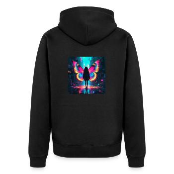 Neon Schmetterling Metamorphose - Unisex Premium Bio Zip Hoodie - Schwarz - Hinten - Nico (187cm)