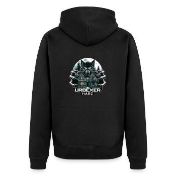 Wolf Urbexer Aufdruck mit einem Lostplace - Unisex Premium Bio Zip Hoodie - Schwarz - Hinten - Nico (187cm)