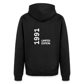 1991 Limitierte Auflage - Unisex Premium Bio Zip Hoodie - Schwarz - Hinten - Nico (187cm)