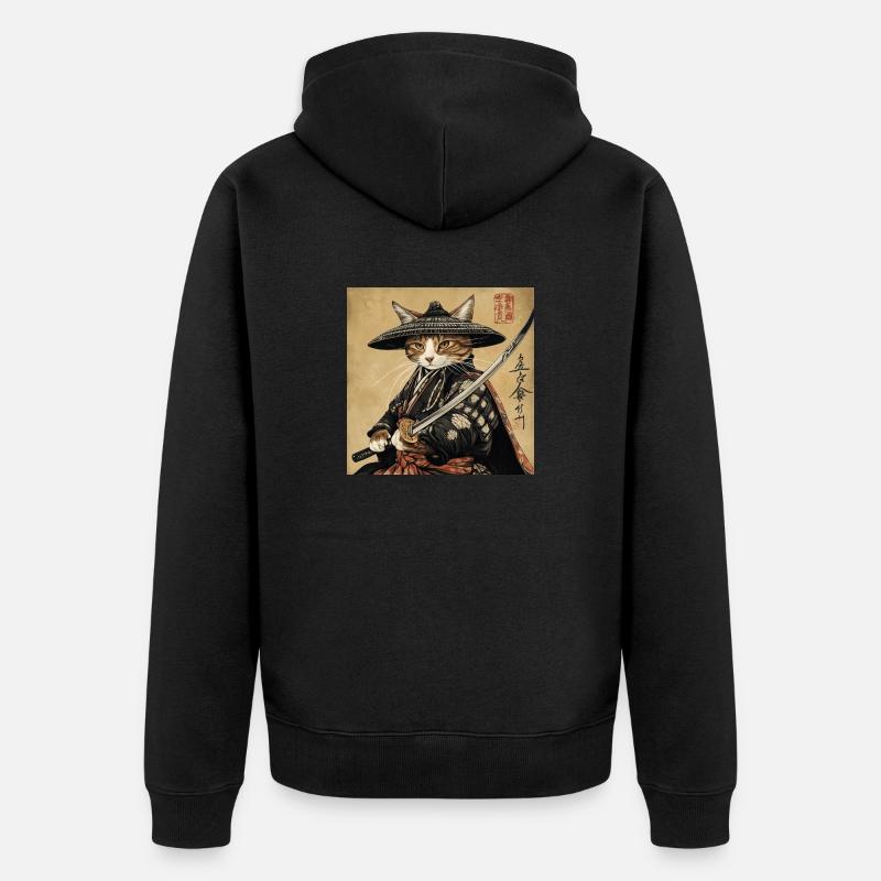 Katze Samurai Japan Ukiyo-E - Unisex Premium Bio Zip Hoodie - Schwarz