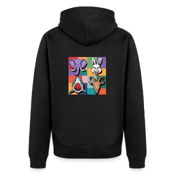 Popart Hase Hai Elefant Ziegenbock bunt lila grün - Unisex Premium Bio Zip Hoodie - Schwarz - Hinten - Nico (187cm)