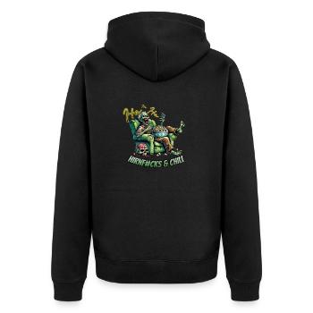 Hirnf#cks & Chill - Unisex Premium Bio Zip Hoodie - Schwarz - Hinten - Nico (187cm)