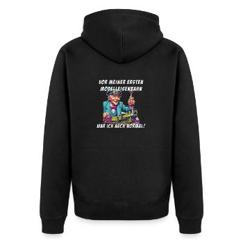 Modelleisenbahn Sprüche Zug Dampflok - Unisex Premium Bio Zip Hoodie - Schwarz - Hinten - Nico (187cm)