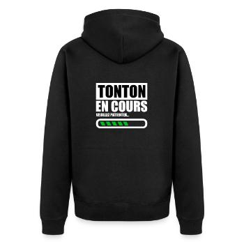 Onkel (bitte warten) - Unisex Premium Bio Zip Hoodie - Schwarz - Hinten - Nico (187cm)