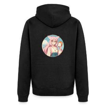 Fox Girl: Charme im Anime-Stil mit einem Fuchs - Unisex Premium Bio Zip Hoodie - Schwarz - Hinten - Nico (187cm)